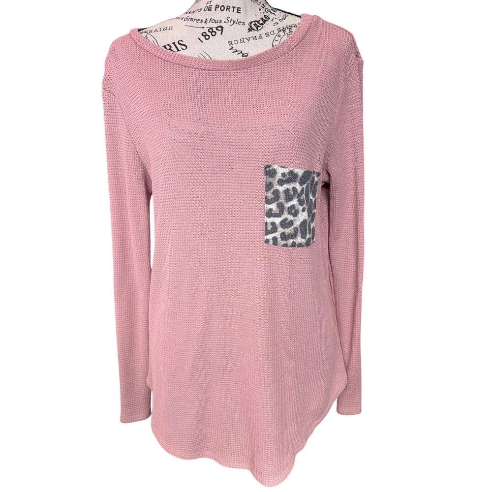 BOMBOM Mauve Pink Waffle Knit Long Sleeve Top with Leopard Print Pocket USA